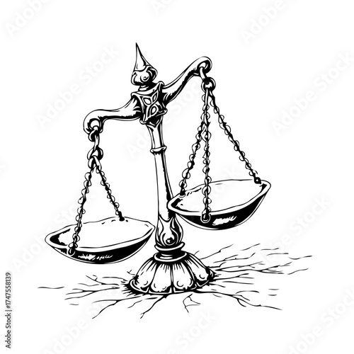 Ornate balance scales symbolizing equilibrium, justice, fairness, and reasoned assessment within a