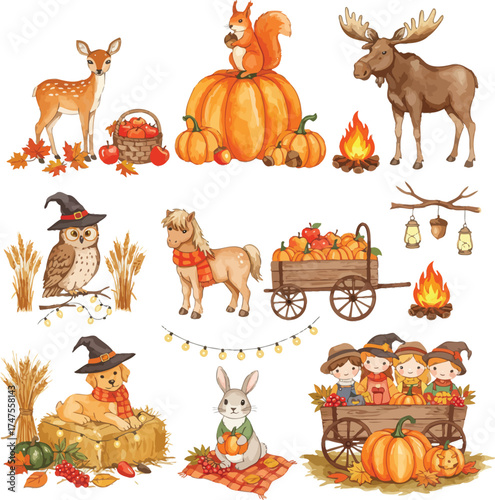 Charming autumn harvest scene with cute animals and festive decorations