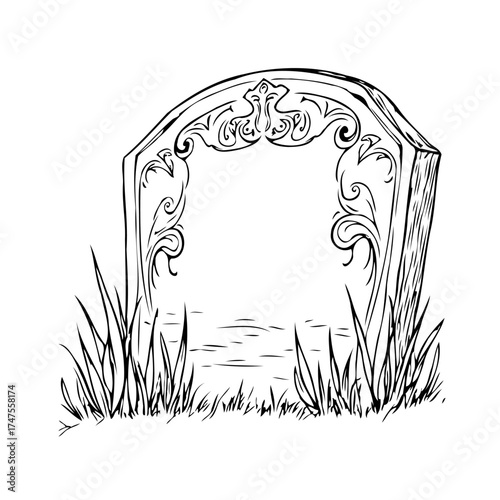 Ornate tombstone illustration evoking spectral serenity and remembrance in a quiet and somber