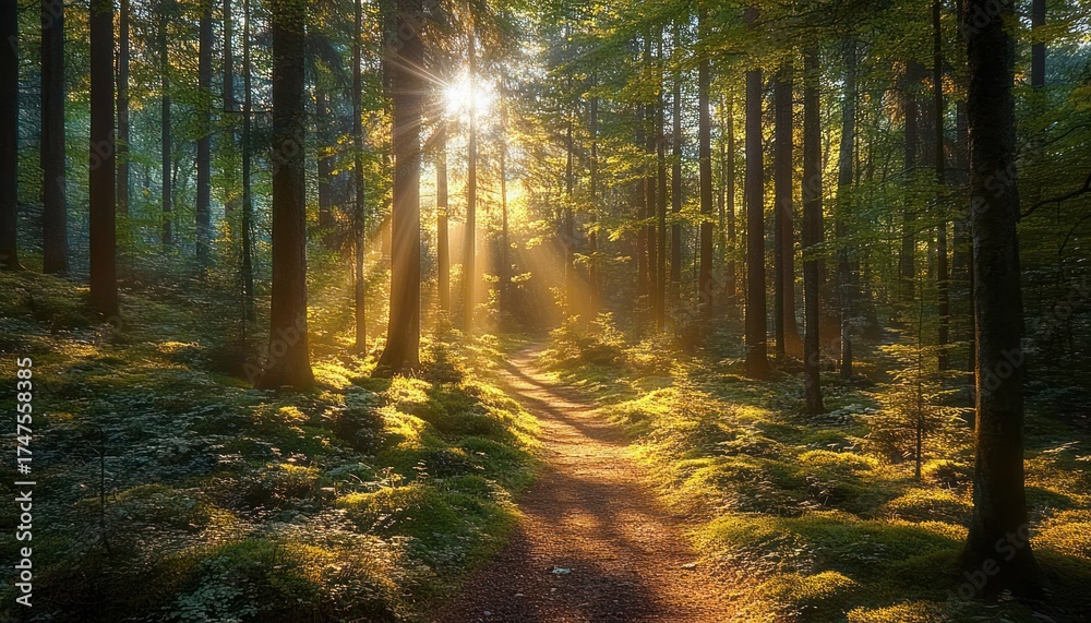 Fototapeta premium Sunlight streaming through tall forest trees illuminating a winding moss-covered path with warm golden light and soft shadows