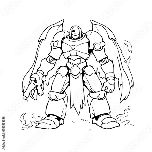 Powerful angelic warrior robot illustration standing tall with blazing energy wings emanating from