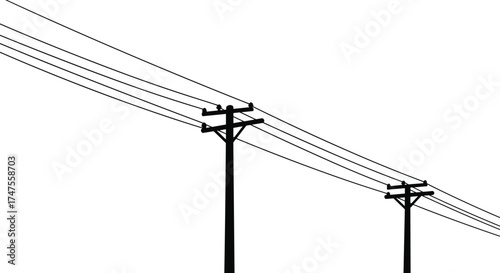Silhouette illustration of electric power poles with transmission lines, minimal design of utility infrastructure, energy distribution concept, isolated on white background, vector art