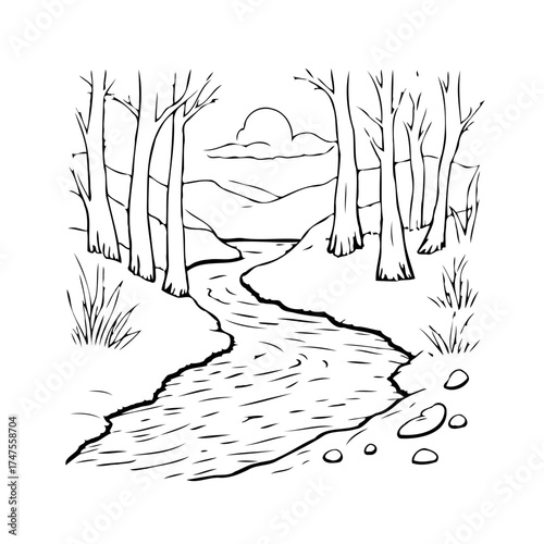 Serene black and white river runs through the forest landscape illustration with tree silhouettes