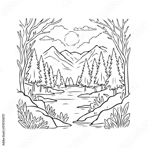 Scenic monochrome landscape illustration showcasing mountainous vista reflected on tranquil lake