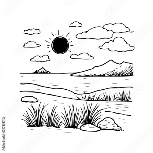 Serene coastal sketch featuring sunlit skies distant mountains calm waters and flourishing grasses