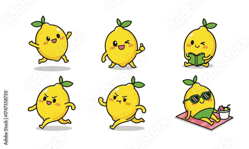 Large Set of Cute Kawaii Lemon Mascots with Various Activities and Expressions