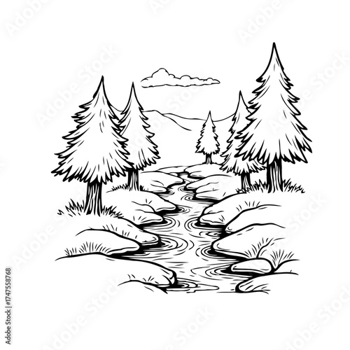 Serene forest stream scene with stylized trees and rocky banks evokes peaceful solitude and