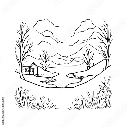 Serene landscape depiction featuring a cozy cottage nestled among nature's embrace and mountainous