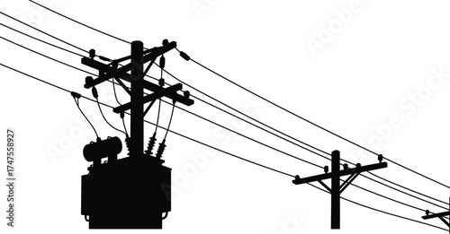 Silhouette illustration of electric utility pole with transformer and high voltage power lines, detailed black vector design showing electricity distribution and infrastructure connection
