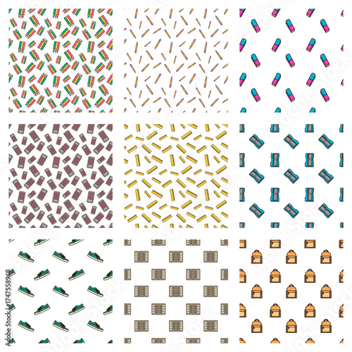 doodle pattern set of color pencil, pencil, calculator, ruler, pencil sharper, shoes, book and backpack