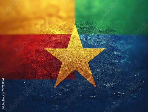 Close-up textured flag with four colored quadrants in yellow, red, green, and blue centered around a large yellow five-point star symbol