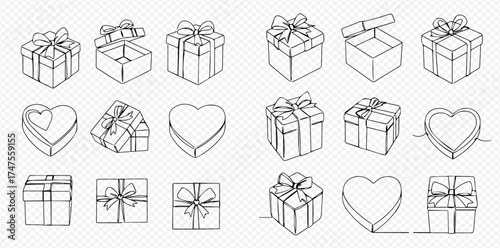Outline drawings of various gift boxes and heart-shaped containers, some open, some closed, with bows, in a continuous line art style.