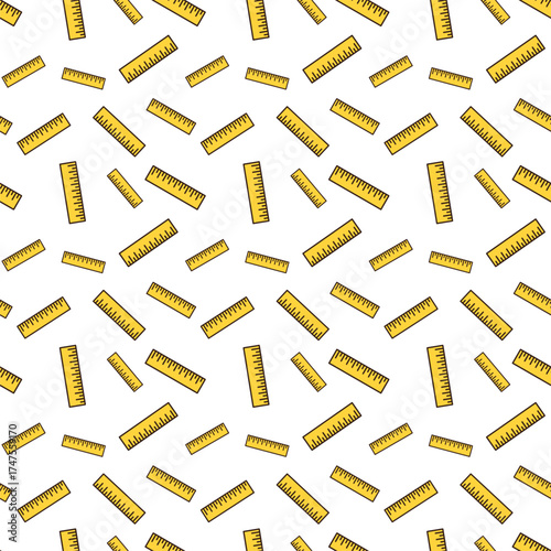 doodle pattern of a yellow ruler. It is rectangular with a dark brown outline and features black measurement markings along its top edge