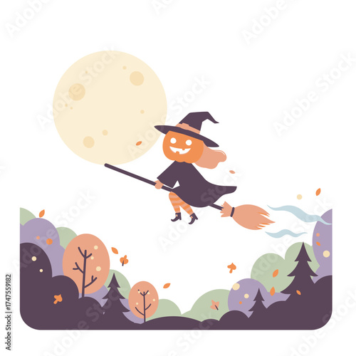 Cute Cartoon Style Pumpkin Head Witch Riding Broom Halloween Illustration
