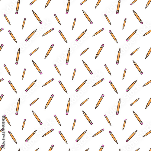 doodle pattern of a pencil. It has an orange body, a sharpened grey tip, and a pink eraser at the top, held by a grey band. All elements are outlined in dark brown