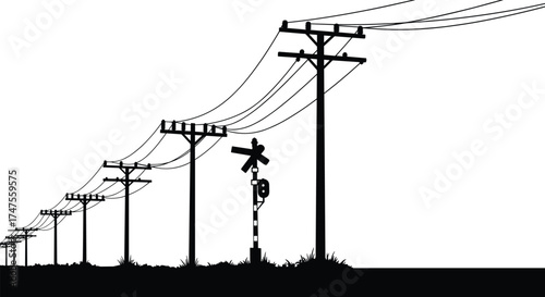 Silhouette illustration of electric utility poles and power lines along countryside road with grass field and railroad crossing signal, minimalist vector design
