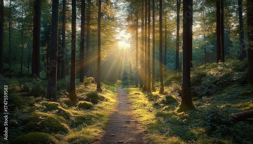 Sunlight streaming through tall trees onto a forest path surrounded by lush greenery creating a peaceful and serene atmosphere