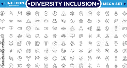Diversity Inclusion outline icon set. Includes unity, equality, peace, teamwork, friendship, collaboration, justice, social connection, and cultural symbols. Editable stroke outline icon. 
