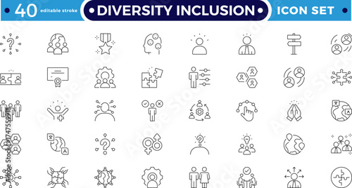 Diversity Inclusion outline icon set. Includes unity, equality, peace, teamwork, friendship, collaboration, justice, social connection, and cultural symbols. Editable stroke outline icon. 
