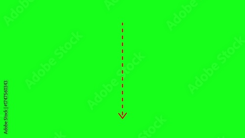 Down thin dotted line arrow animation on green background, 4k video
