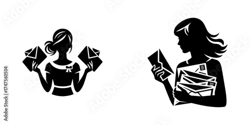Modern Minimalist Woman Holding Envelopes Icon, Flat Silhouette of a Female Figure Vector for Communication Illustration Design