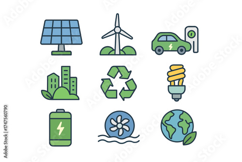 A collection of nine icons representing renewable energy and environmental sustainability, including solar panel, wind turbine, electric car, recycling symbol, and Earth.