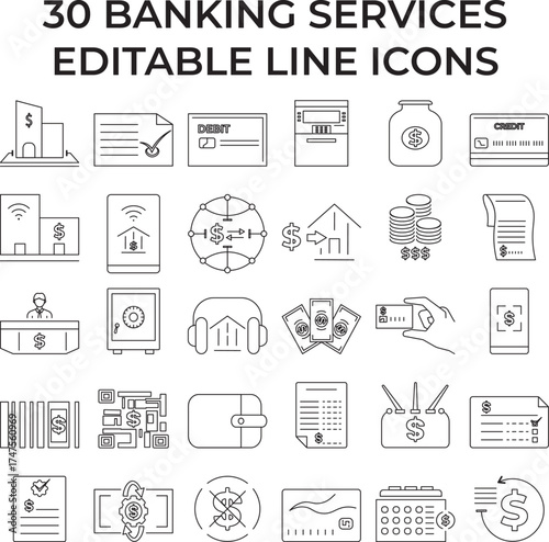 Set of editable stroke banking service line icons showing finance, money, transaction, investment, credit, and online banking concepts, perfect for fintech, business, and financial design projects.