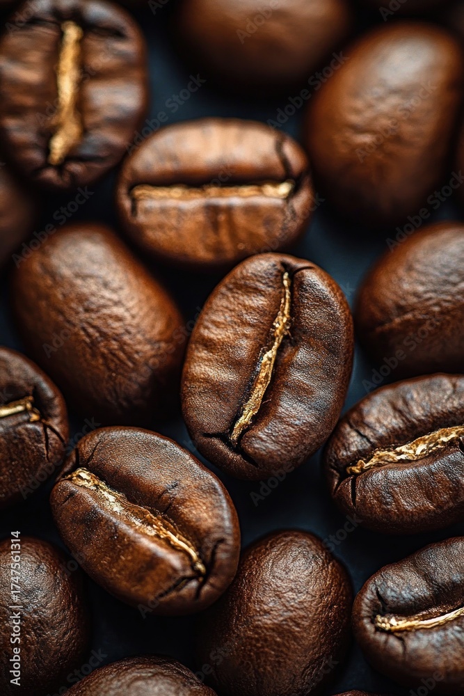 Fototapeta premium Close-up view of roasted coffee beans showing detailed texture and rich brown color conveying warmth and freshness