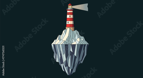 Vector lighthouse on floating iceberg with angular shapes, subtle stripes, muted navy, icy blue, beige palette, clean minimalist composition, peaceful isolation