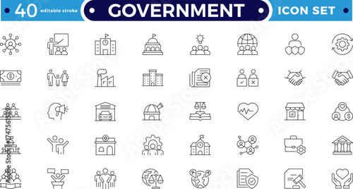Government outline icon set. Includes governance, charity, justice, inclusion, diversity, and advocacy symbols. Modern outline icons for social policy, human rights.  Editable stroke outline icon. 