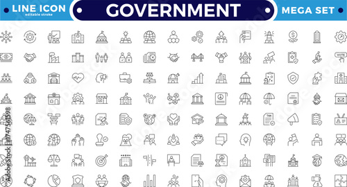 Government outline icon set. Includes governance, charity, justice, inclusion, diversity, and advocacy symbols. Modern outline icons for social policy, human rights.  Editable stroke outline icon. 