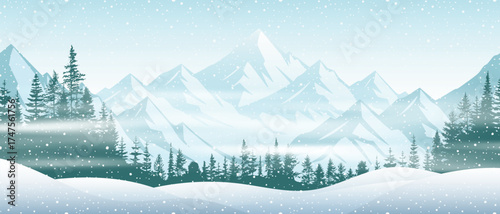 Winter landscape, mountains with forest in the fog, snowdrifts and snowfall, vector illustration