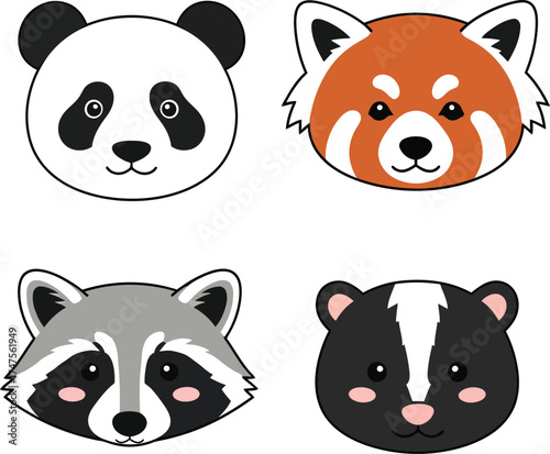Flat Vector Head panda, Red Panda, Raccoon, and Skunk Cute Simple Color And Bold Outline adorable design perfect for children's products, logos, stickers, and educational materials.
