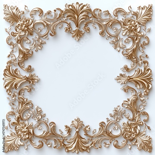 ornate golden floral and leaf decorative frame with intricate swirls and symmetrical baroque style embellishments on a clean white background