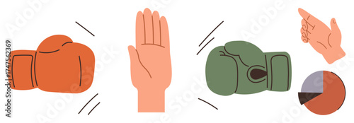Boxing gloves in opposition, hand gestures indicating stop and direction, and a pie chart. Ideal for themes thumbs up conflict resolution, teamwork, negotiation, strategy, communication, leadership