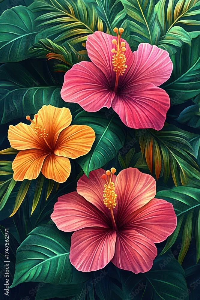 custom made wallpaper toronto digitalvibrant pink and orange hibiscus flowers blooming amidst lush tropical green leaves
