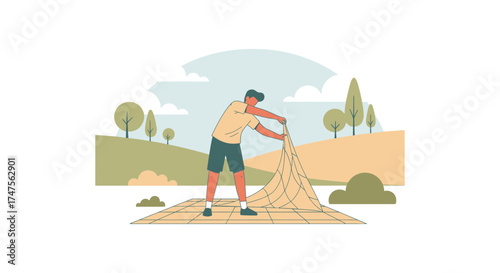 Person Preparing Picnic Blanket Outdoors in Natural Setting Ready For Relaxation Outdoors