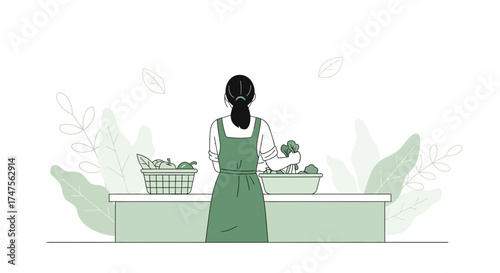 Preparing Fresh Veggie Meal: A Woman in Kitchen, Simple Illustration about Healthy Food