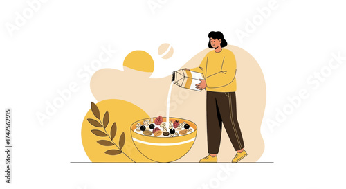 Preparing Healthy Oatmeal Breakfast: Fresh Berries, Nuts, And Milk Ingredients Into A Bowl