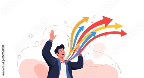 Person Reaches For Rising Arrows Representing Career Growth and Business Success