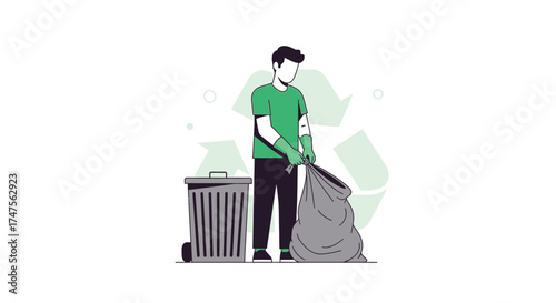 Person Putting Trash Into A Bag With A Recycle Symbol In The Background