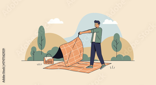 Preparing Picnic Site With Person Setting Up Blanket In Nature For Leisure Time