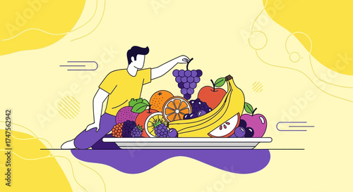 Person reaching for grapes on a platter of fresh fruits, a modern lifestyle illustration