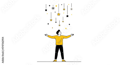 Person Reaching for Stars, Illustration of Dreams, Goals, and Achievements