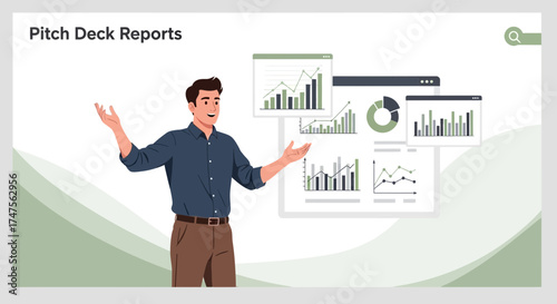 Presentation about business data reports with charts and a man gesturing in a modern style