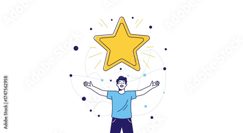 Person Reaching For Success Or Achievement Beneath A Gold Star With Light Elements