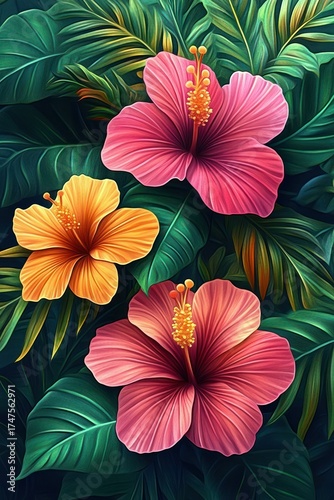 Wallpaper Mural vibrant pink and orange hibiscus flowers blooming amidst lush tropical green leaves Torontodigital.ca