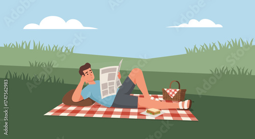 Person Reading Newspaper Relaxing In A Park, Enjoying Leisure, Picnic, And Nature