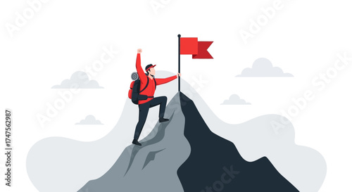 Person Reaching Summit, Celebrating Victory With A Flag, Success And Achievement Concept