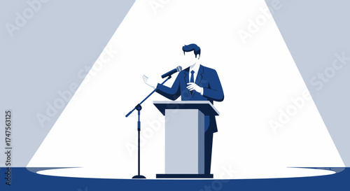 Presentation At A Podium Under The Spotlight Giving A Speech Of Public Speaking